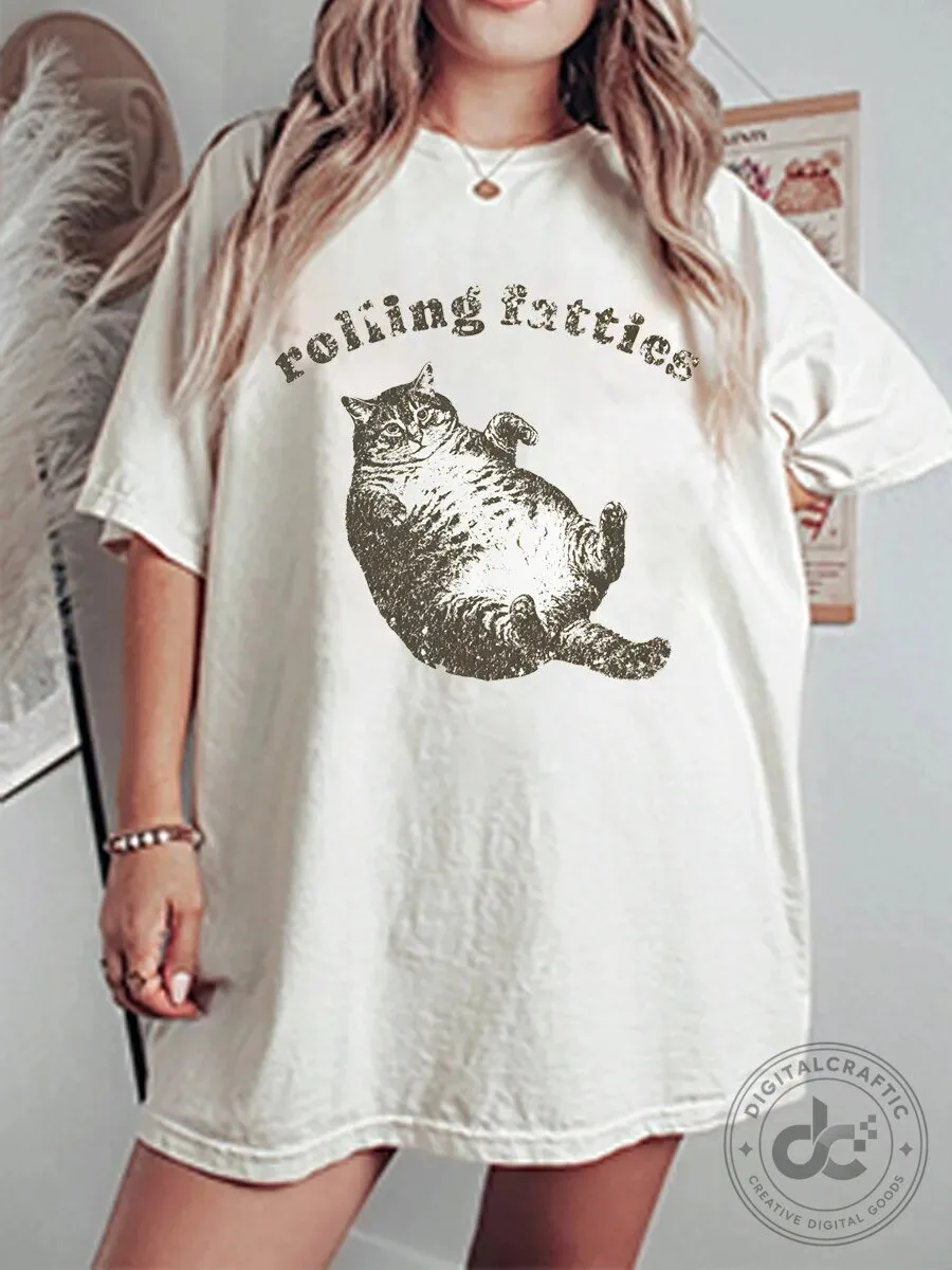 Vintage Rolling Fatties Funny Cat Oversized Graphic T-Shirt