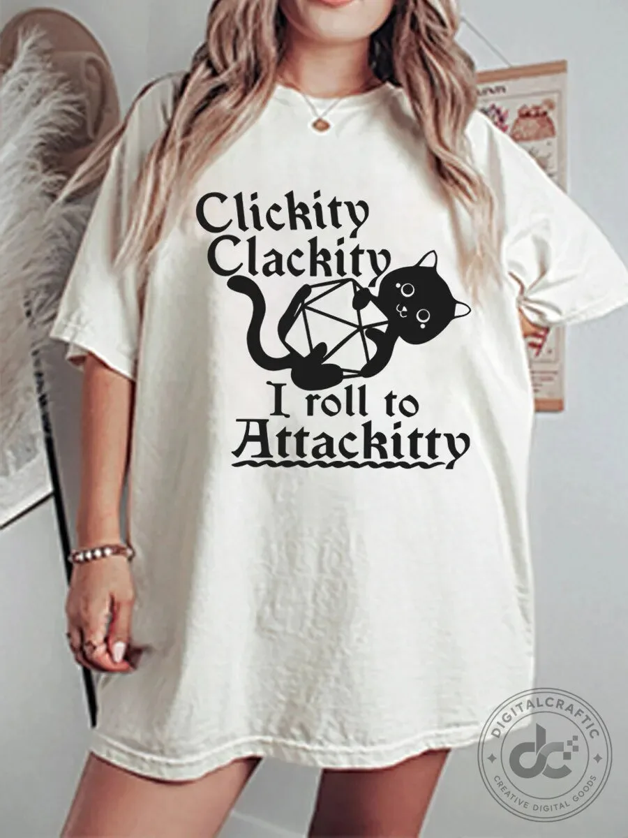Clickity Clackity I Roll To Attackitty Cat Dungeons and Dragons T-Shirt