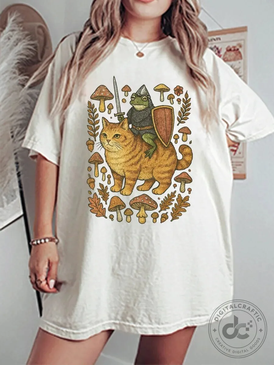 Vintage Medieval Frog Knight Riding Cat with Mushrooms Graphic T-Shirt