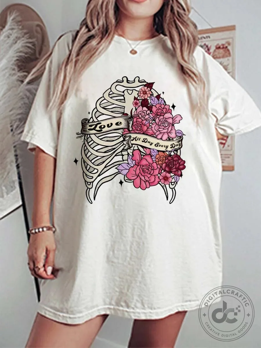 Vintage Skeleton Rib Cage Floral Love All Day Every Day Oversized T-Shirt 1 Vintage Skeleton Rib Cage Floral Love All Day Every Day Oversized T-Shirt