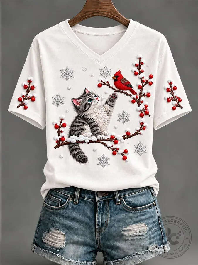 Christmas Cardinal and Kitten Playing on Snowy Branch Women's V-Neck T-Shirt