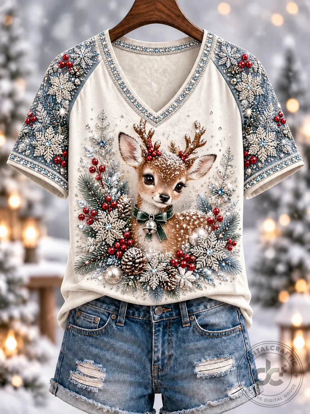 Cute Baby Reindeer Christmas Snowflakes and Berries Holiday T-Shirt for Women
