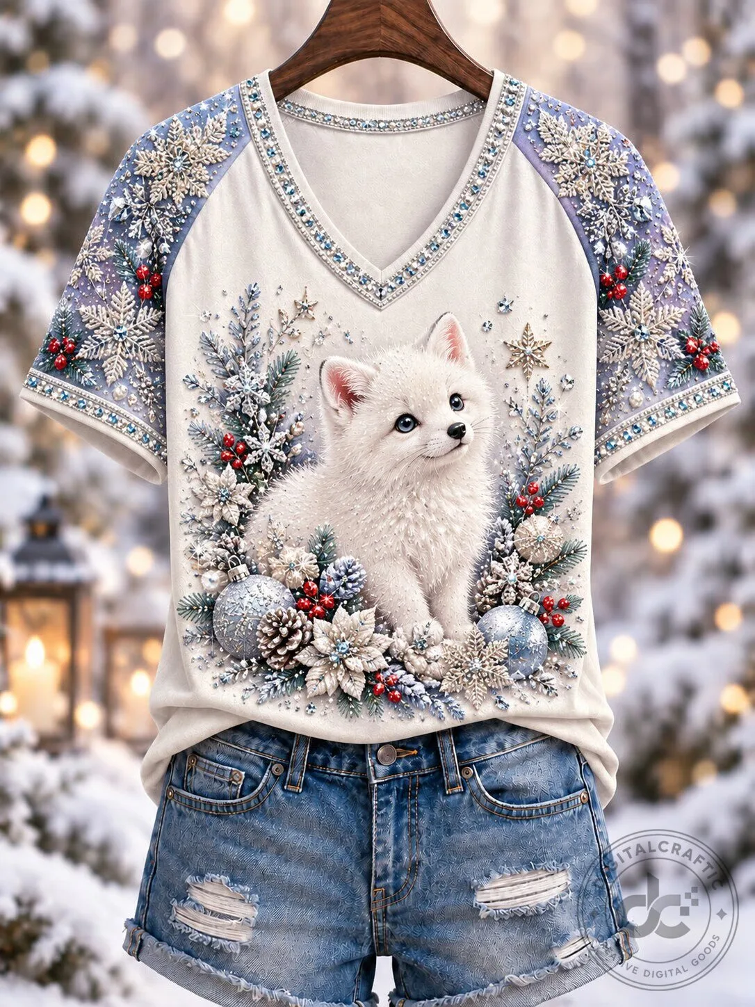Cute Arctic Fox Christmas Tree Winter Wonderland Womens V-Neck T-Shirt